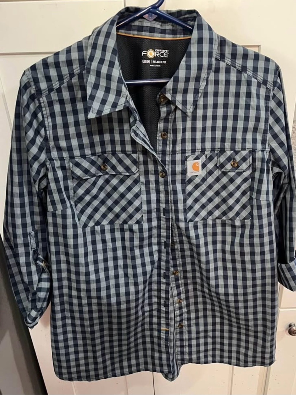 Carhartt Women’s Navy and Light Blue Plaid Button-Down Shirt